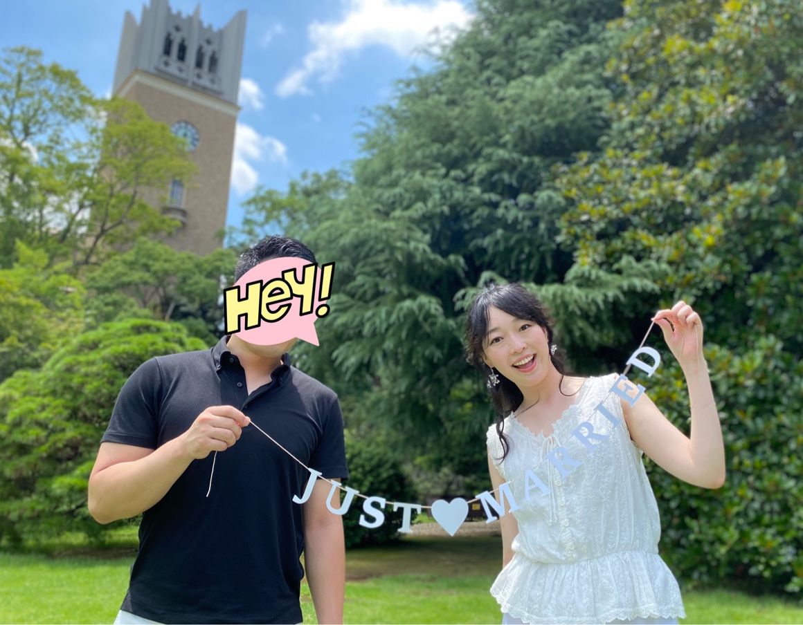 共通の出身大学の庭園にてiPhoneで撮影しました

こちらの写真は四つ切りで印刷し、ウェルカムボードにしました