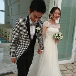 タキシードは珍しいチェック柄に。旦那さんが着こなせたので❤️色んなスタッフの方にも褒められまくってました！