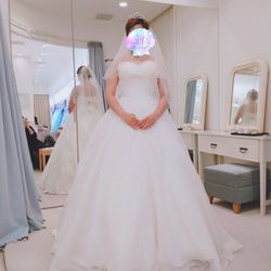 ならば、チュールに挑戦!と着てみましたが、シンプルすぎて寂しい感じに……。
顔がくっきりしてるタイプなので、シンプルなドレスはあんまり、みたいです…