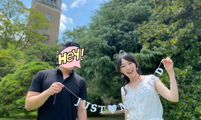 共通の出身大学の庭園にてiPhoneで撮影しました

こちらの写真は四つ切りで印刷し、ウェルカムボードにしました