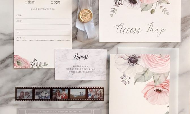 招待状diy♡お花のイラストは当日の装花に合わせ、テーマが「映画」だったのでフィルムとシネマチケットも作りました♡