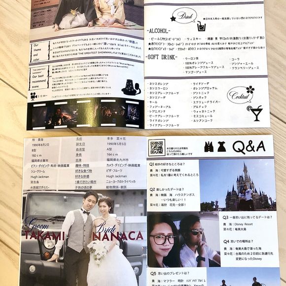 中カラー6ページで挨拶、披露宴のテーマ、メニュー表、ドリンク表、席次表、新郎新婦のプロフィール、新郎新婦のこと、などなど表紙合わせて8ページ。前撮りの写真データを沢山使いました！