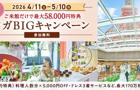 年に一度のお得!4/11(土)〜5/10(日)【メガBIGキャンペーン】開催!料理人数分×5000円オフやドレス3着サービスなど、最大170万円の成約特典♪のアイキャッチ画像