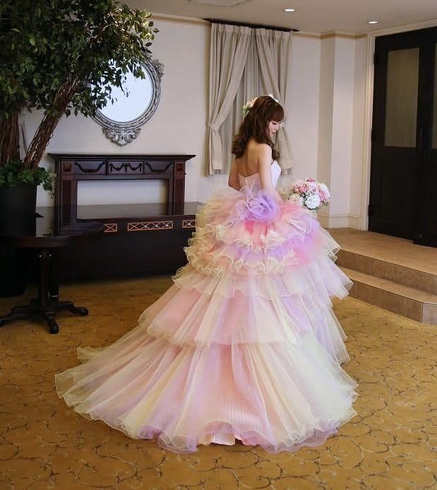ウェディングドレス用 オーバースカート ピンク お花 チュール-
