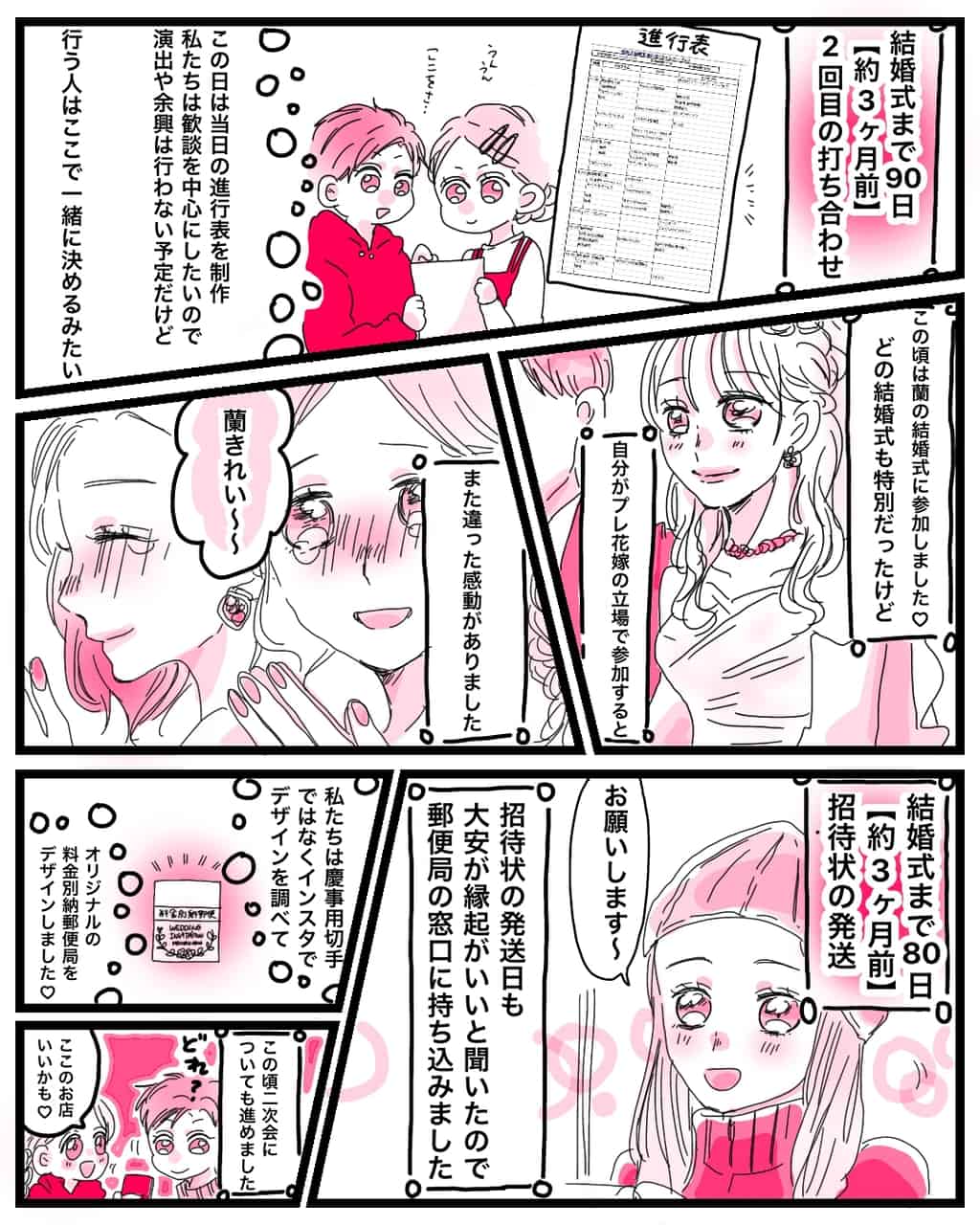 結婚式準備2回目の打ち合わせ。当日の進行表を作ったふたり。一方、友人の蘭はその頃結婚式。プレ花の立場で参加する結婚式は、これまでと違った感動がありました。そして結婚式まで約3ヶ月となった頃、招待状をゲストに送付。この頃二次会についても同時に進めていました。