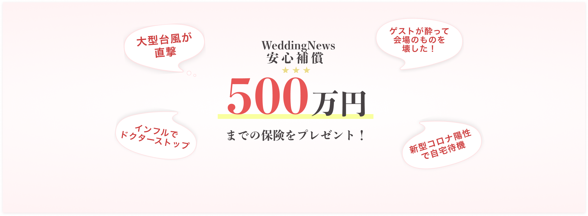ウェディングニュース安心補償で500万円までの保険をプレゼント!